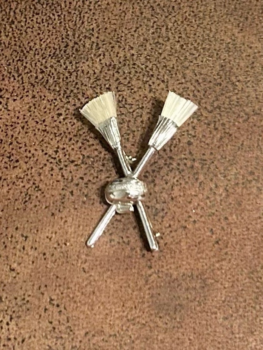 Silvertone Curling Stone & Brooms Brooch Pin Novelty Winter Sports Jewelry